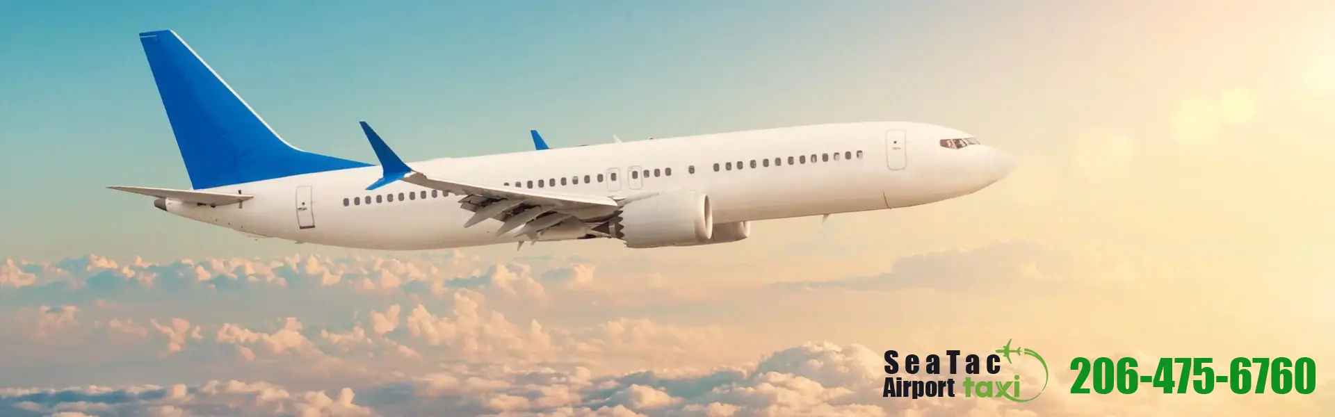Commercial airplane flying above clouds with SeaTac Airport Taxi logo and phone number promoting airport transportation services in Seattle.