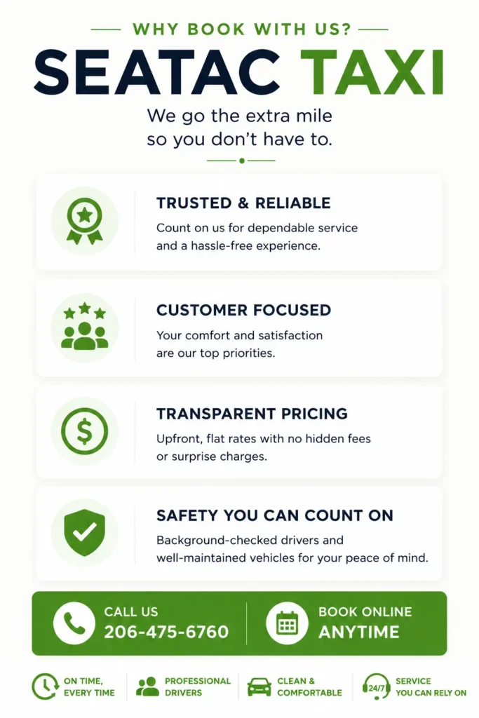 SEATAC Taxi "Why Book With Us" infographic highlighting trusted service, customer-focused support, transparent pricing, and safe transportation with a modern green and white design.