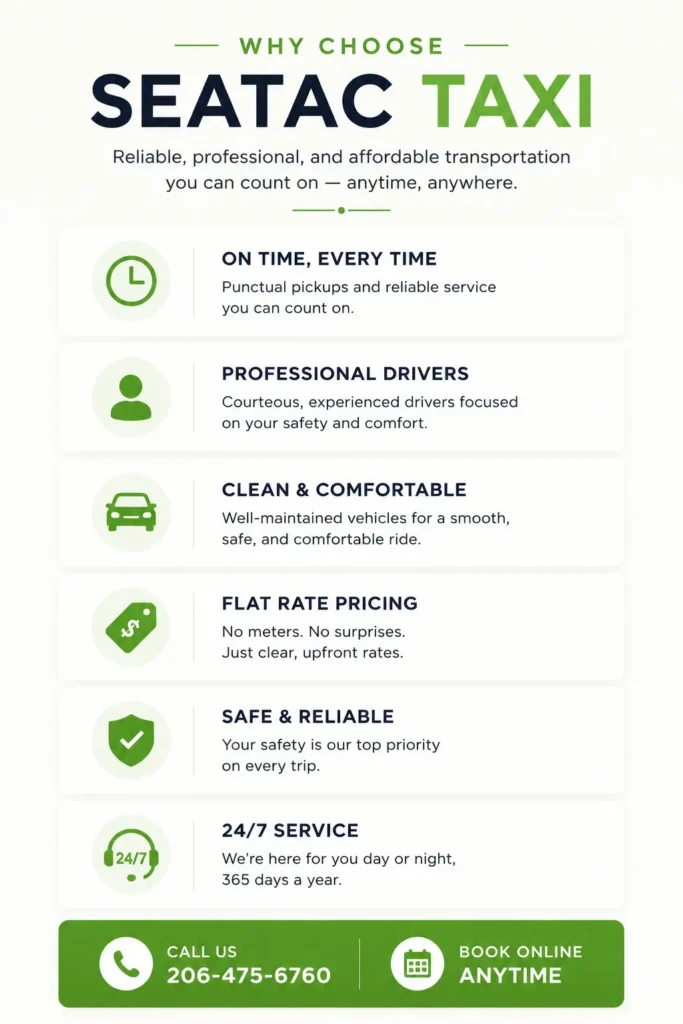 Why Choose SeaTac Taxi infographic highlighting flat rate pricing, professional drivers, clean vehicles, on-time service, safety, and 24/7 transportation in the Seattle and SeaTac Airport area.